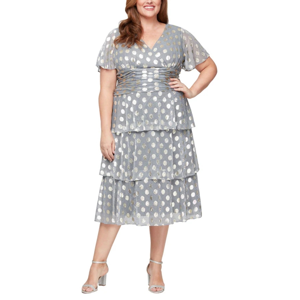 SLNY Gunmetal And Gold Tiered Cocktail Semiformal Ruched Dress